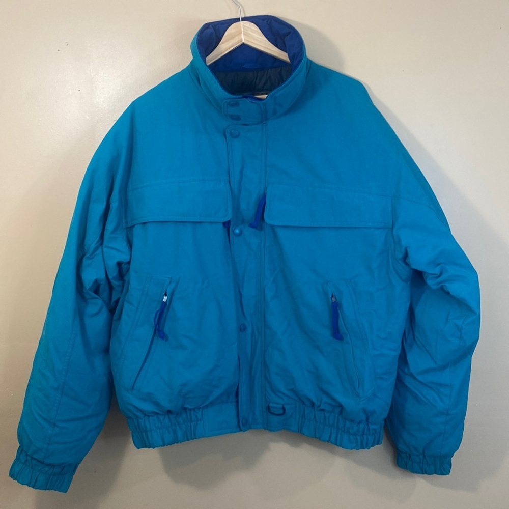 Vintage Eddie Bauer Men's Down Jacket Green and Blue Puffer Zip Pockets L